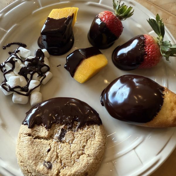 Fruit and cookies dipped in Honey Cocoa fondue