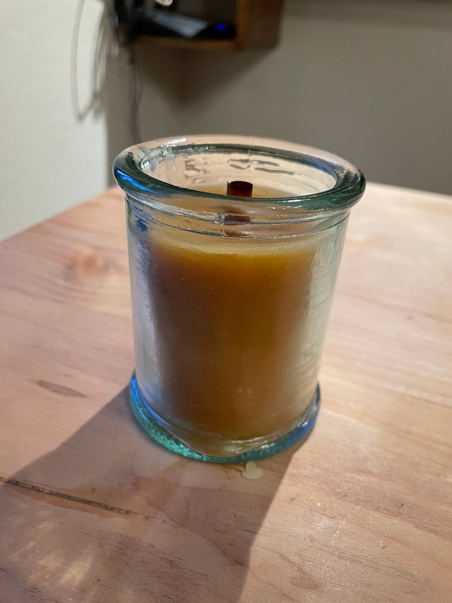 Recycled Glass Wood Wick Beeswax Candle